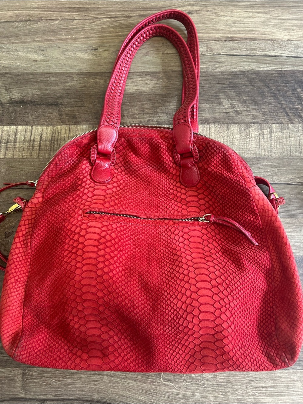 CASHHIMI Red Snake Skin Embossed Suede Hobo Shoulder Bag